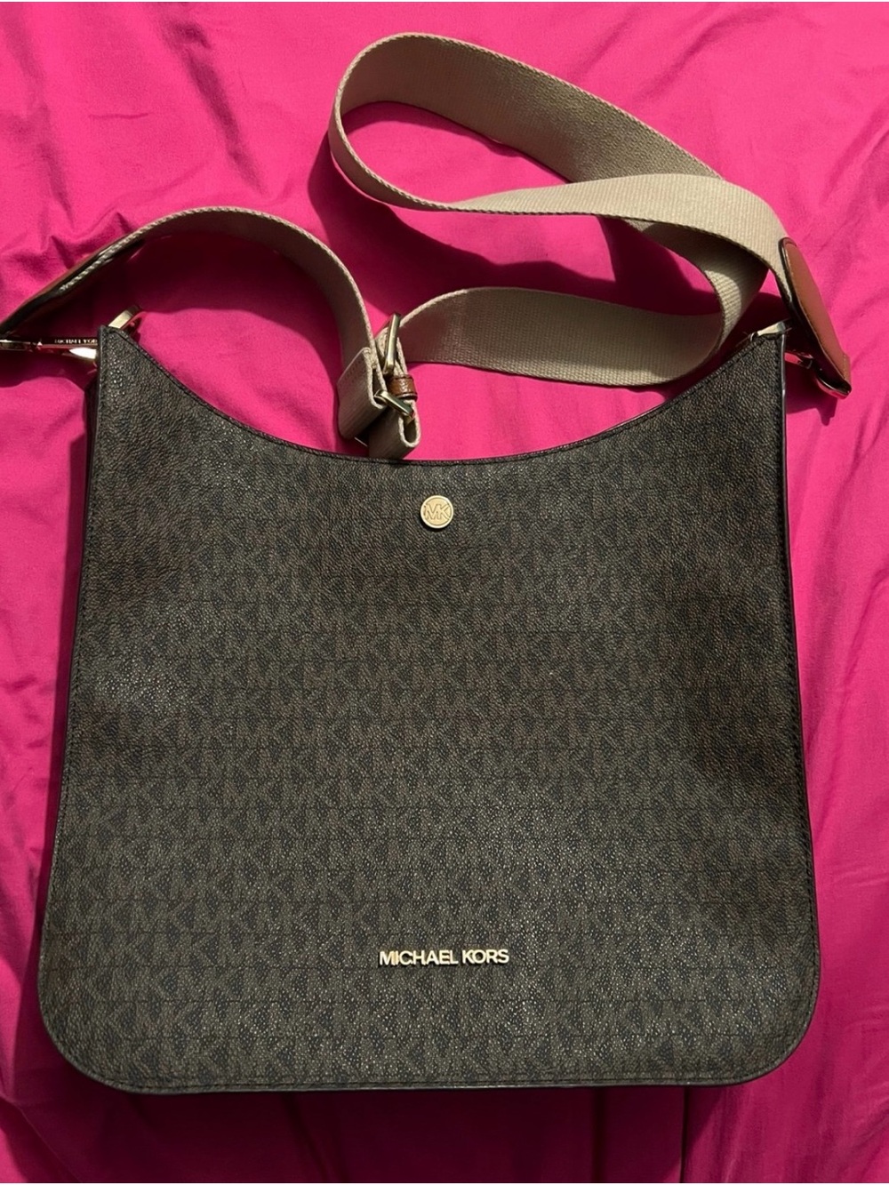 Michael Kors Dark Brown Monogram Shoulder Bag with Beige Strap